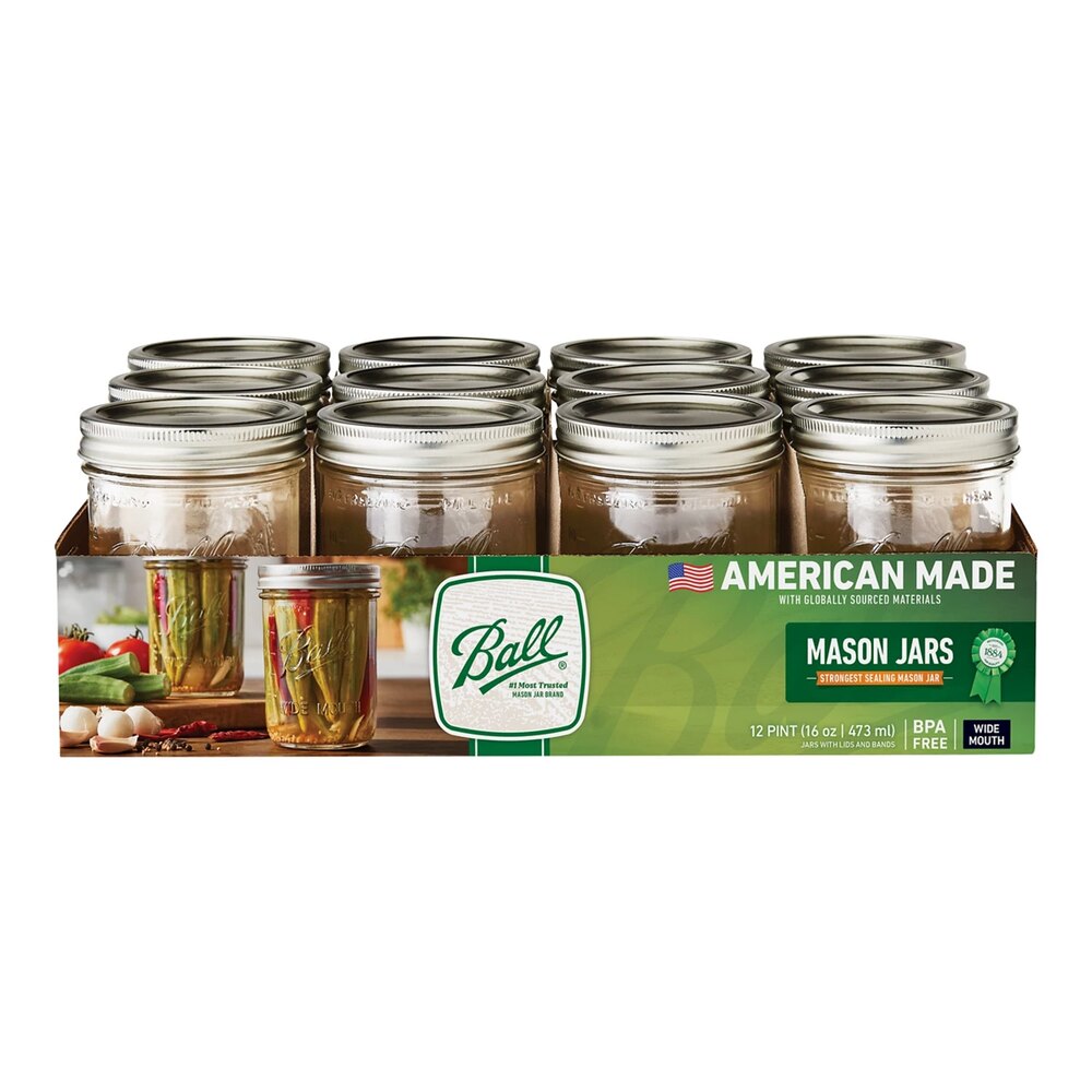 Tray of twelve Ball Wide Mouth Pint jars with lids and bands.