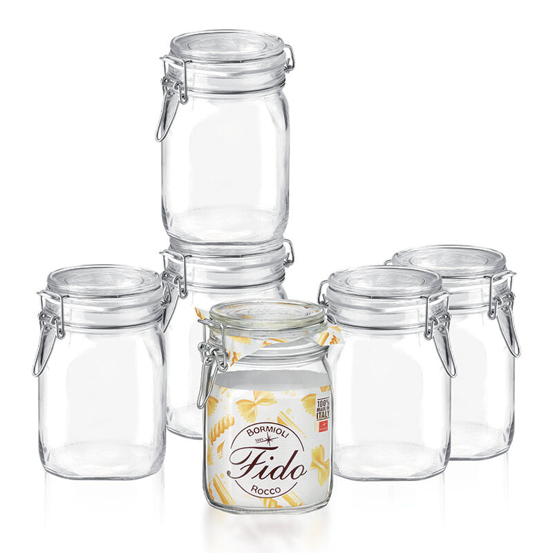 Seis tarros Bormioli Rocco Fido de 1 litro con cierre metálico; uno lleva el inserto impreso de la marca.