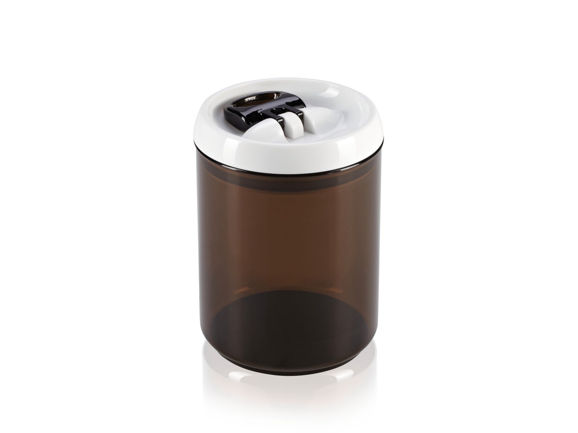 Recipiente redondo para café Leifheit Fresh & Easy 31205 de 1,4 L, cuerpo marrón y tapa blanca con anillo negro.