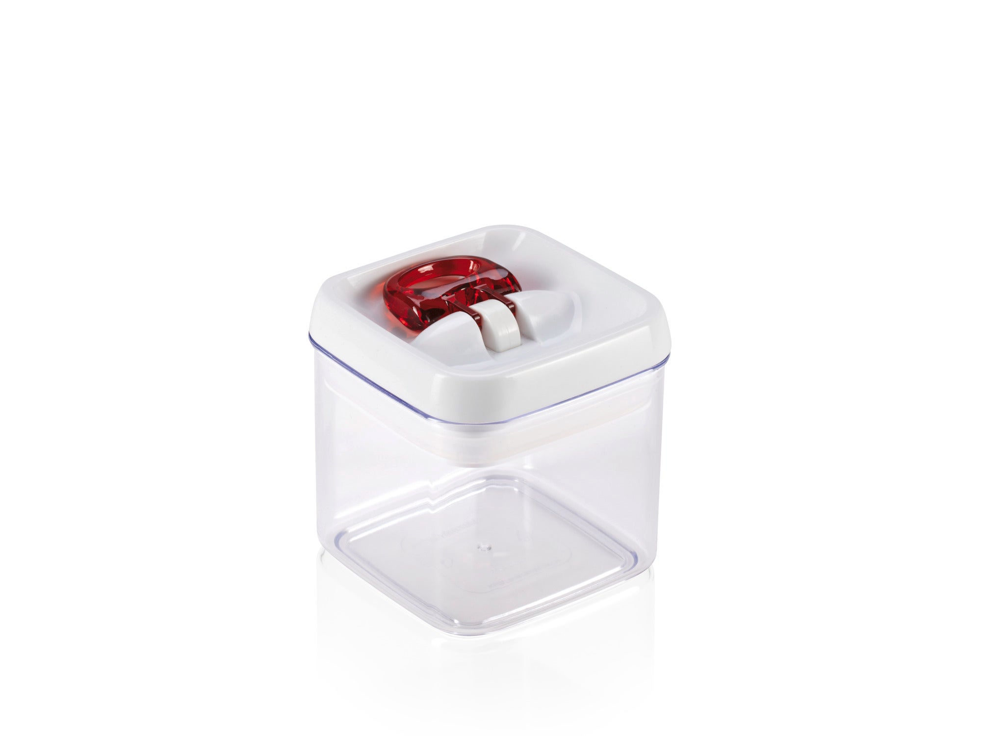 Recipiente cuadrado transparente Leifheit Fresh & Easy 31207 de 0,4 L con tapa blanca y anillo rojo.