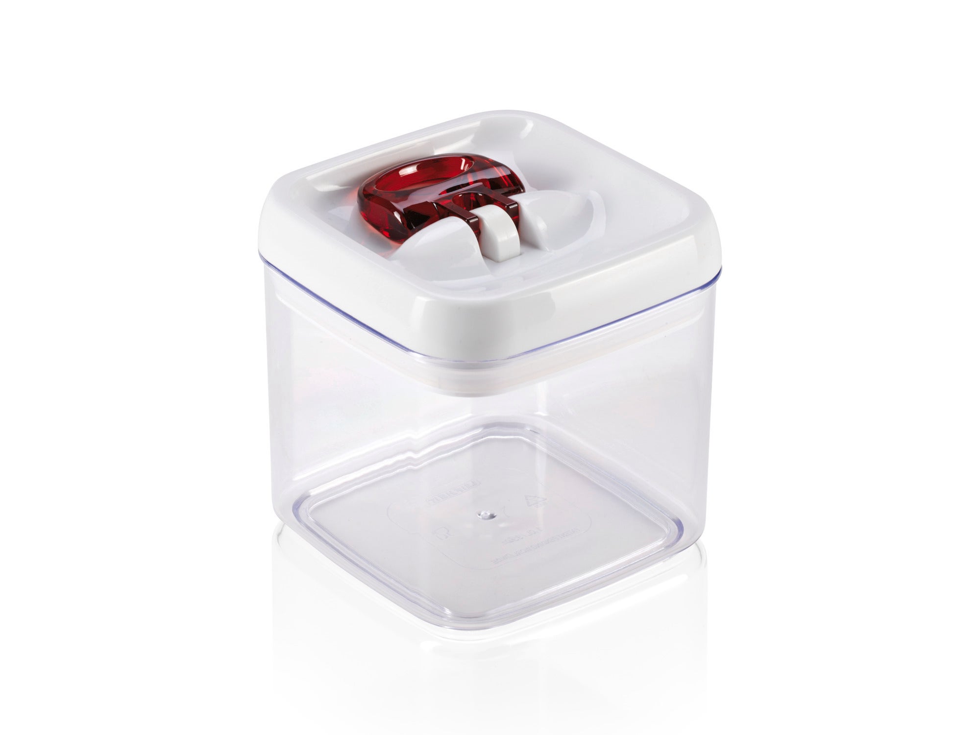 Clear square Leifheit Fresh & Easy 31209 1 L food storage container with white lid and red ring.