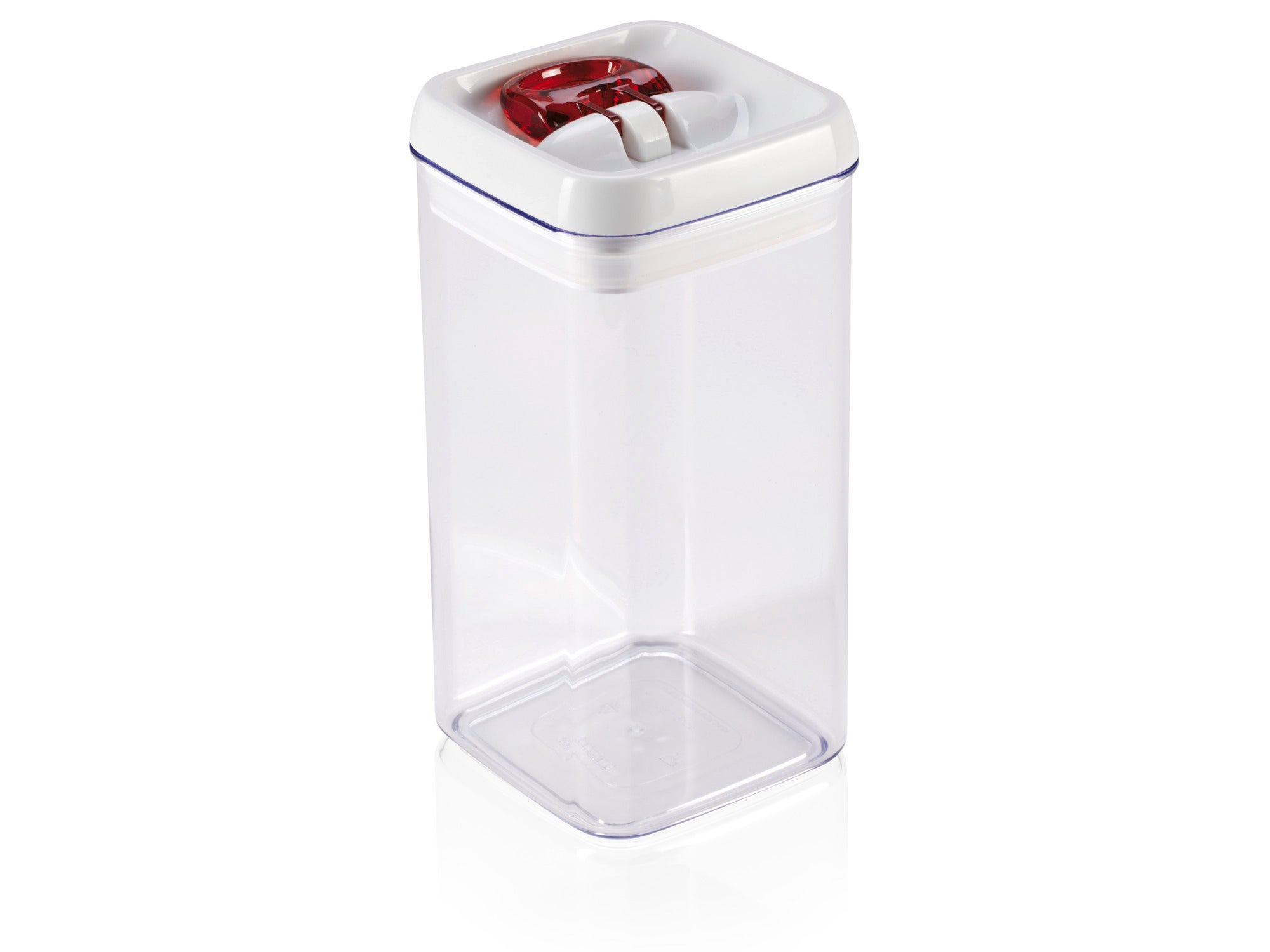 Clear square Leifheit Fresh & Easy 31210 1.2 L food storage container with white lid and red ring.