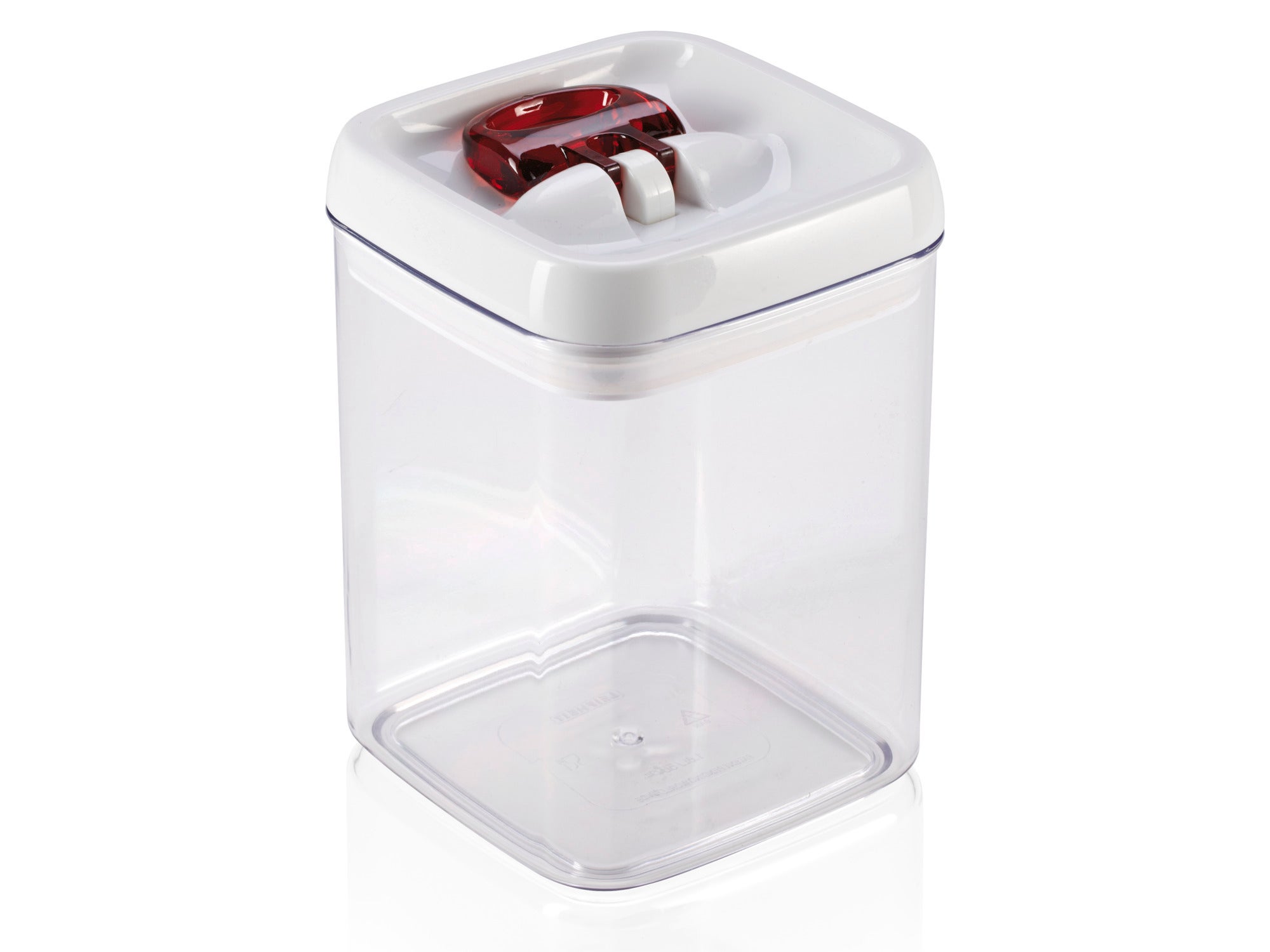 Clear square Leifheit Fresh & Easy 31211 1.6 L food storage container with white lid and red ring.