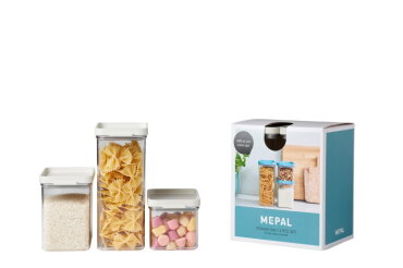Mepal Omnia set of three clear storage containers with Nordic white lids.
