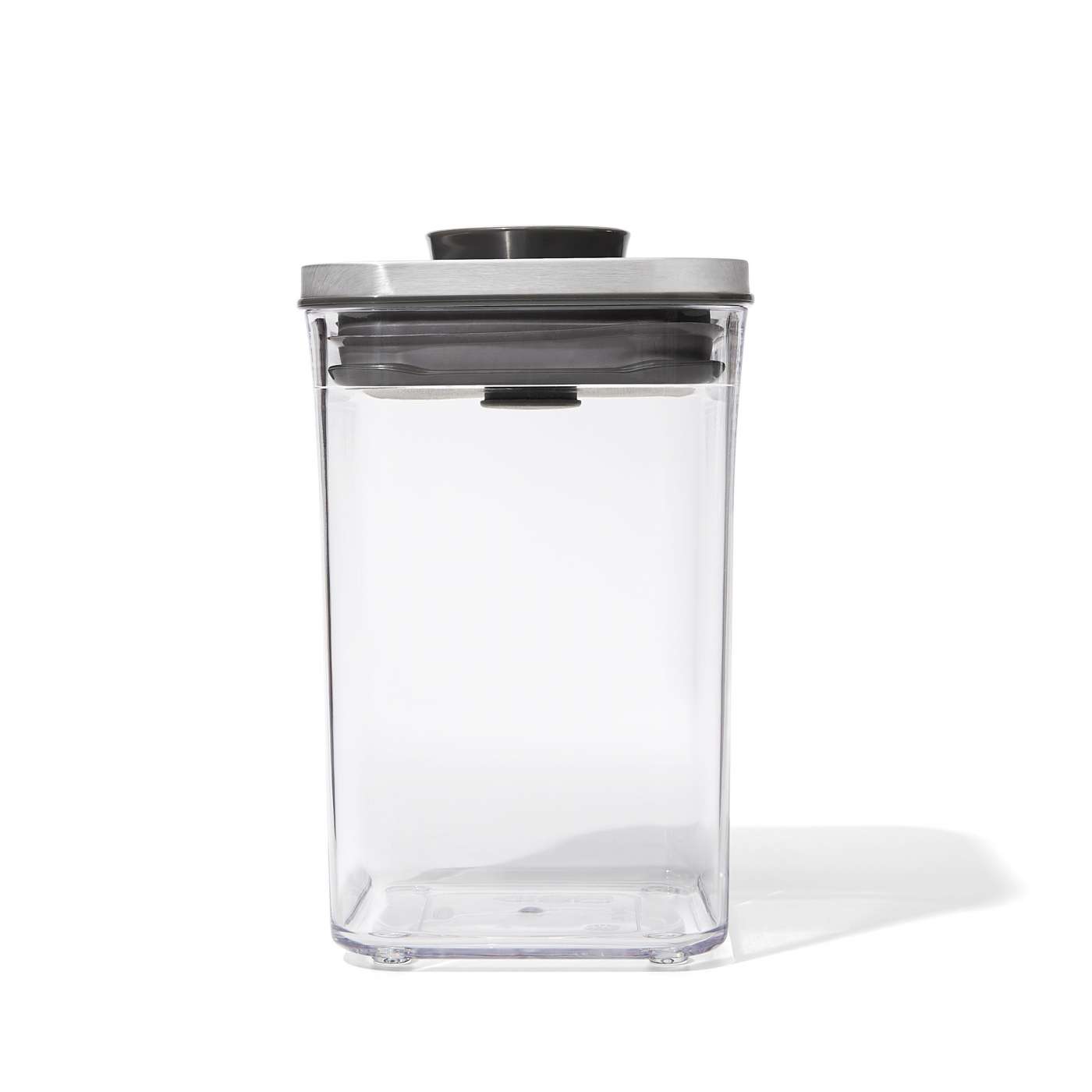 OXO 3118400 · Piccolo contenitore quadrato trasparente con coperchio in acciaio inox e pulsante