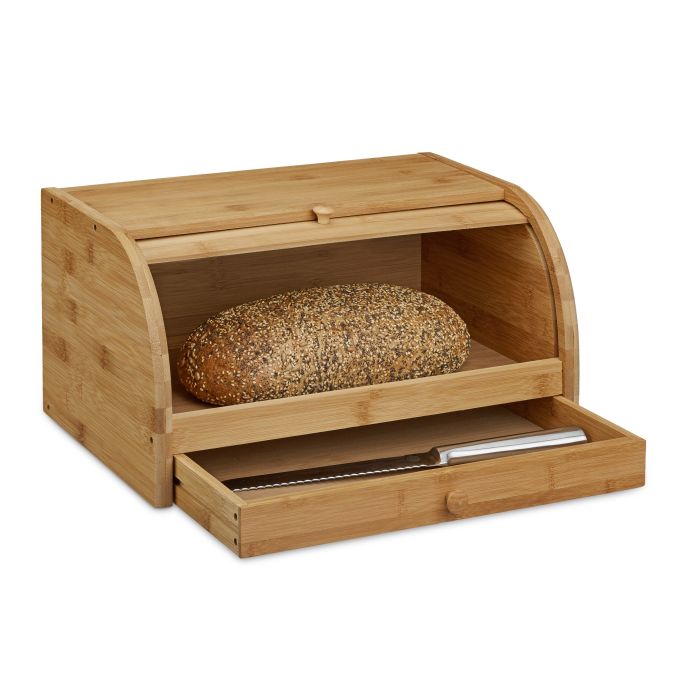 Panera de bambú con cajón, referencia Relaxdays 10020230. Imagen del fabricante indicada como creada con IA.