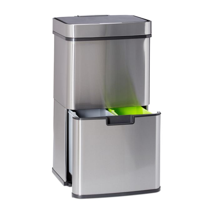 Cubo basura reciclaje con sensor, referencia Relaxdays 10021222. Imagen del fabricante indicada como creada con IA.