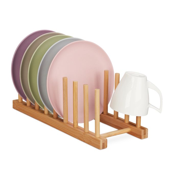 Escurreplatos de cocina de bambú, referencia Relaxdays 10026133. Imagen del fabricante indicada como creada con IA.
