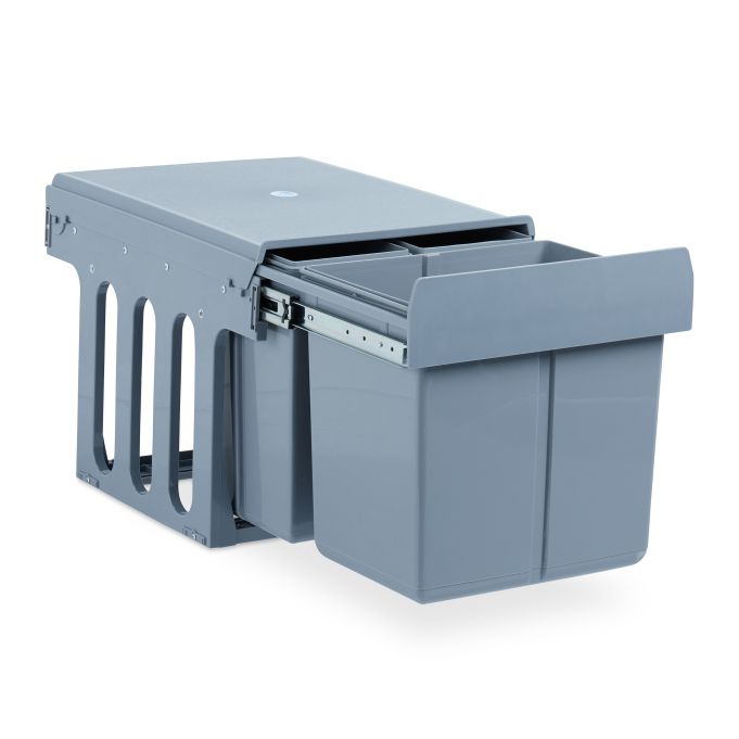 Contenedor de reciclaje con 3 cubos, referencia Relaxdays 10027287. Imagen del fabricante indicada como creada con IA.