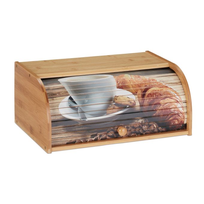 Panera de bambú con tapa deslizable, referencia Relaxdays 10027596. Imagen del fabricante indicada como creada con IA.