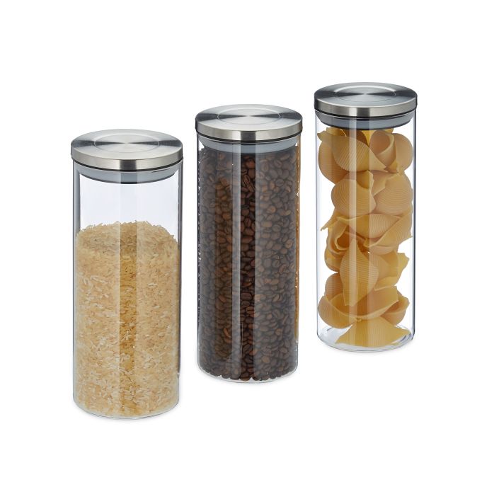 Set de tres tarros herméticos de 1,5L, referencia Relaxdays 10028000. Imagen del fabricante indicada como creada con IA.
