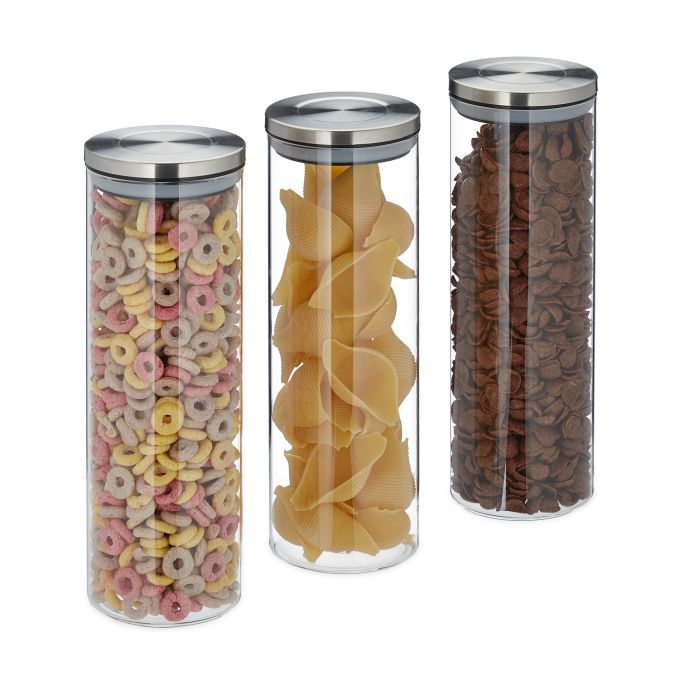 Set de tres tarros herméticos de 1,6L, referencia Relaxdays 10028001. Imagen del fabricante indicada como creada con IA.