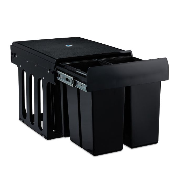 Cubo de basura cuádruple negro, referencia Relaxdays 10031541. Imagen del fabricante indicada como creada con IA.