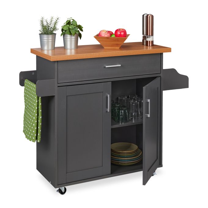 Carrito auxiliar de cocina con encimera, referencia Relaxdays 10034314. Imagen del fabricante indicada como creada con IA.
