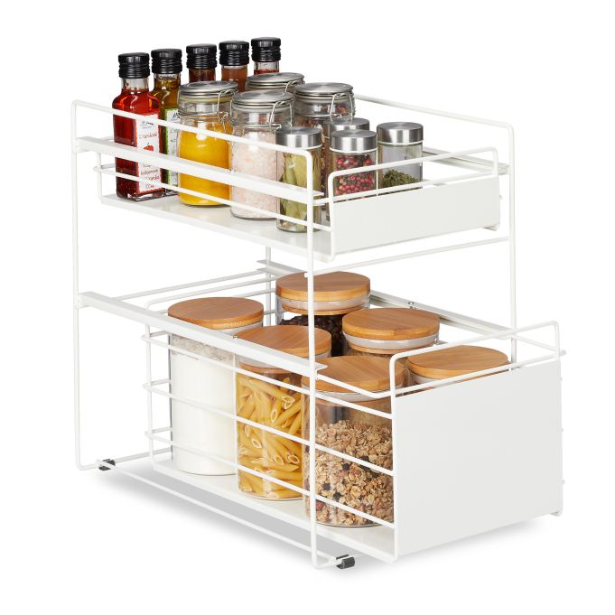 Organizador de cocina con 2 cestas, referencia Relaxdays 10035643. Imagen del fabricante indicada como creada con IA.