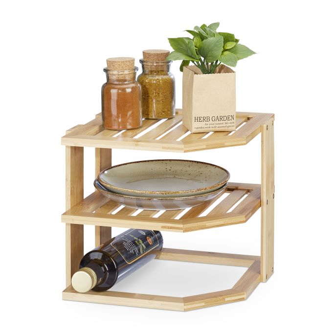 Estante de bambú para cocina 3 niveles, referencia Relaxdays 10036711. Imagen del fabricante indicada como creada con IA.