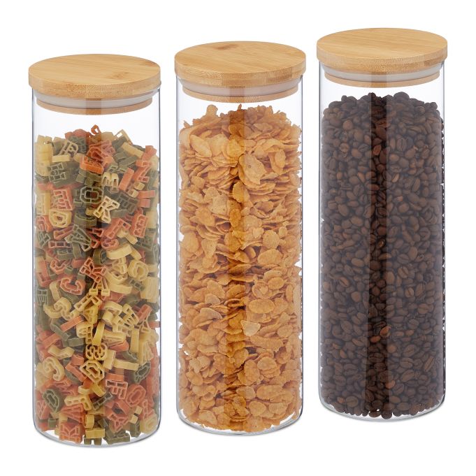 Set 3 botes de cristal con tapa 1600 ml, referencia Relaxdays 10039482. Imagen del fabricante indicada como creada con IA.