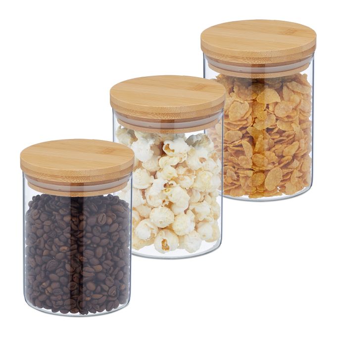 Set 3 botes de cristal con tapa 650 ml, referencia Relaxdays 10039489. Imagen del fabricante indicada como creada con IA.