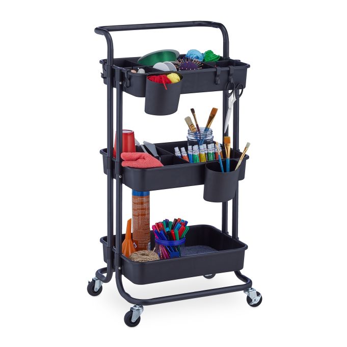 Carrito auxiliar con 3 niveles, referencia Relaxdays 10042504. Imagen del fabricante indicada como creada con IA.