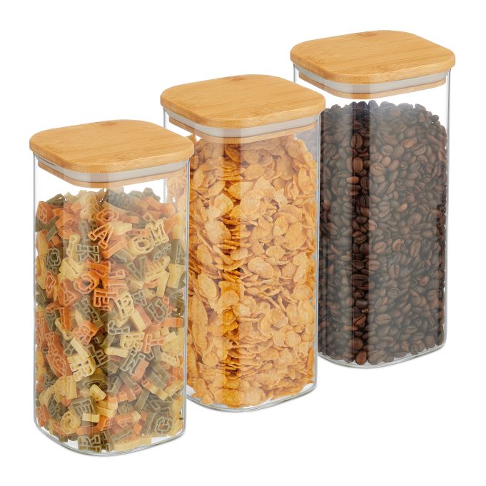 Set 3 botes de cristal con tapa 1500 ml, referencia Relaxdays 10043240. Imagen del fabricante indicada como creada con IA.