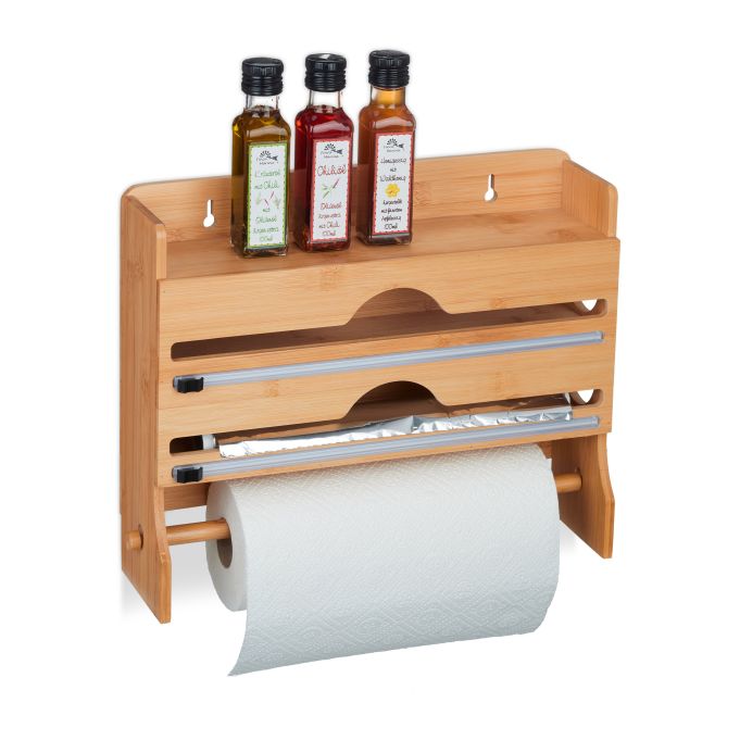 Portarrollos de pared de bambú, referencia Relaxdays 10045696. Imagen del fabricante indicada como creada con IA.