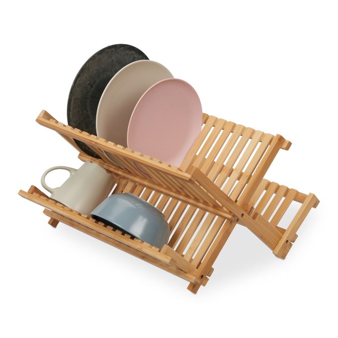 Escurreplatos plegable de bambú, referencia Relaxdays 10045699. Imagen del fabricante indicada como creada con IA.