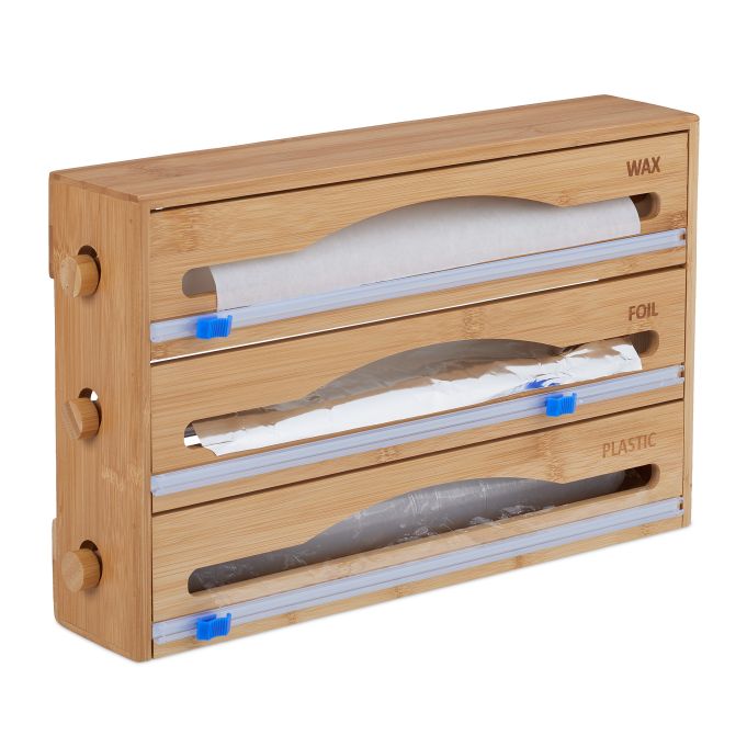 Dispensador de film y papel 3 en 1 bambú, referencia Relaxdays 10046720. Imagen del fabricante indicada como creada con IA.
