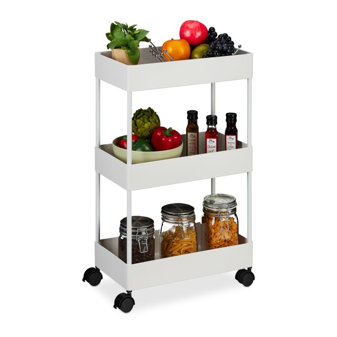 Carrito auxiliar con 3 niveles, referencia Relaxdays 10047628. Imagen del fabricante indicada como creada con IA.