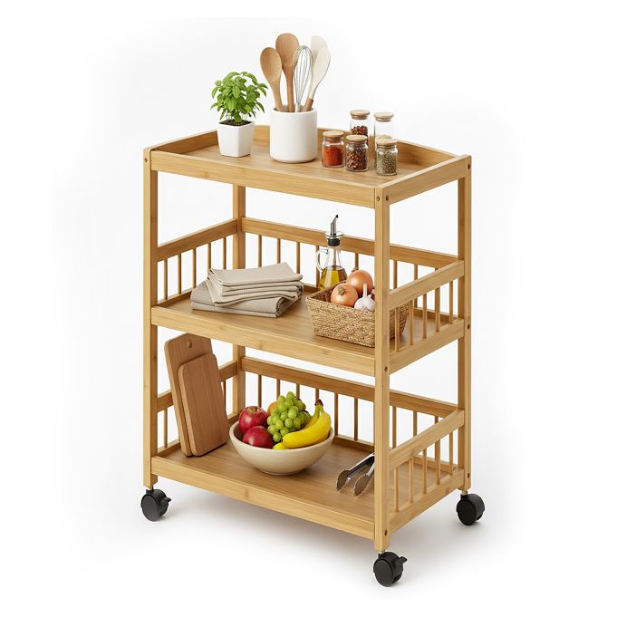 Carro de cocina de bambú con 3 niveles, referencia Relaxdays 10052084. Imagen del fabricante indicada como creada con IA.
