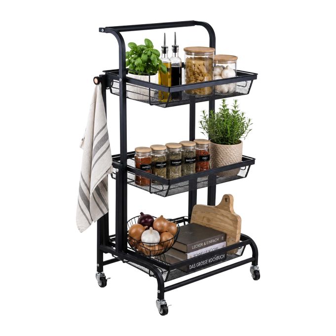 Carrito de cocina 3 niveles ajustables, referencia Relaxdays 10053617. Imagen del fabricante indicada como creada con IA.