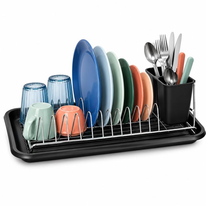 Escurreplatos con bandeja de goteo, referencia Relaxdays 10054289. Imagen del fabricante indicada como creada con IA.